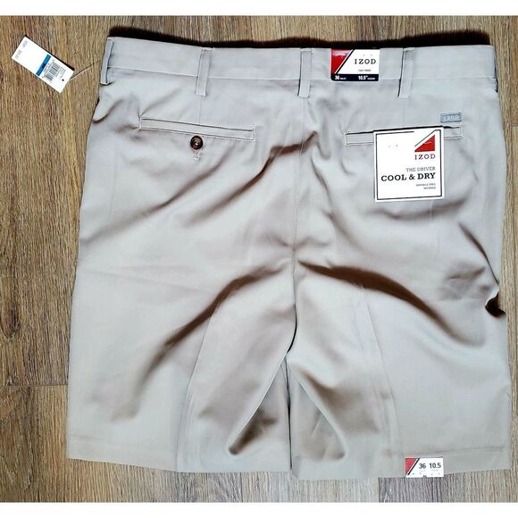 IZOD Shorts Golf 36 NEW The Driver Cool & Dry Khaki Shorts Tan Flat Front NWT - Picture 4 of 11